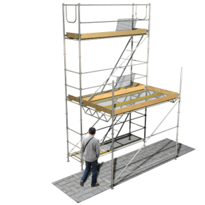 Estrutura de protecção de passagem pedonal junto a andaime de fachada